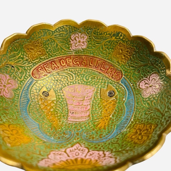 RARE Brass Cloisonne Enamel Jerusalem Souvenir Bowl Sea Of Galilee Fish 4.5 Inch - Picture 3 of 8
